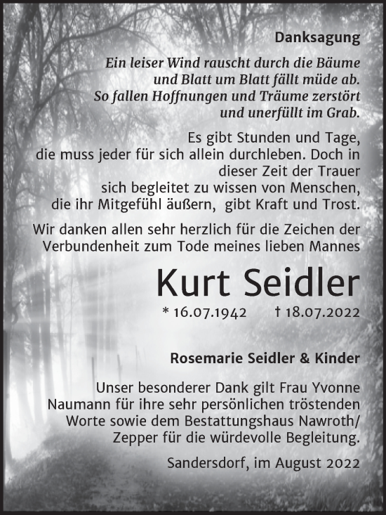 Traueranzeige von Kurt Seidler von Trauerkombi Bitterfeld