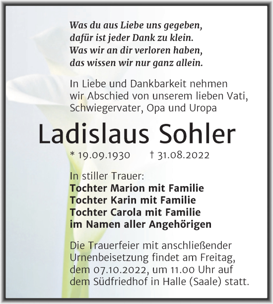 Traueranzeige von Ladislaus Sohler von Mitteldeutsche Zeitung Halle/Saalkreis