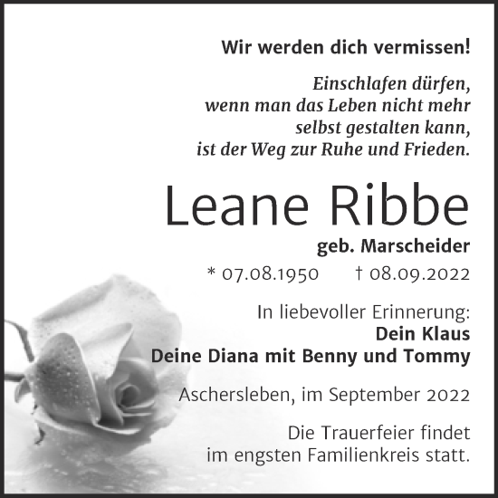Traueranzeige von Leane Ribbe von Trauerkombi Aschersleben