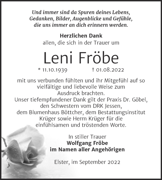 Traueranzeige von Leni Fröbe von Trauerkombi Wittenberg