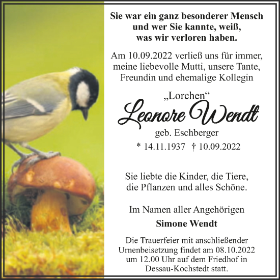 Traueranzeige von Leonore Wendt von Trauerkombi Dessau
