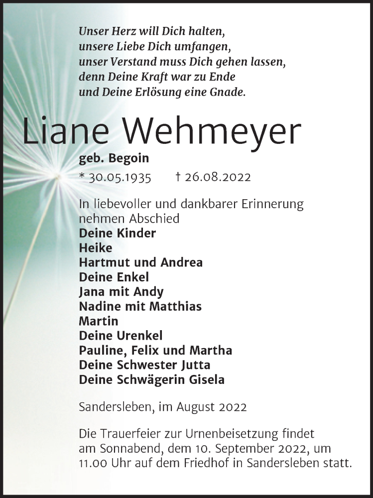  Traueranzeige für Liane Wehmeyer vom 03.09.2022 aus Trauerkombi Mansfelder Land