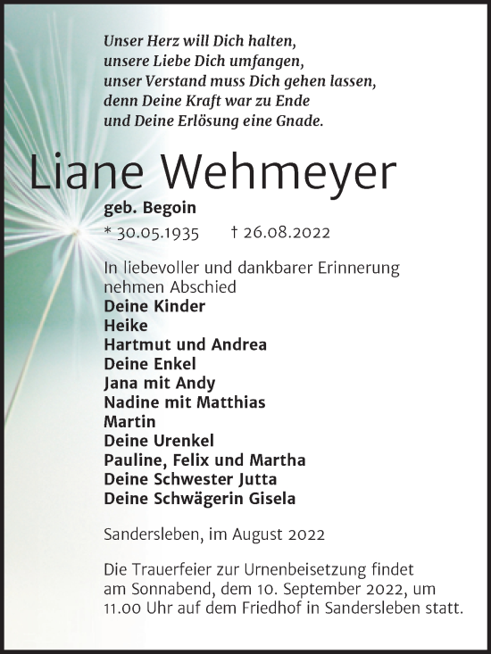 Traueranzeige von Liane Wehmeyer von Trauerkombi Mansfelder Land
