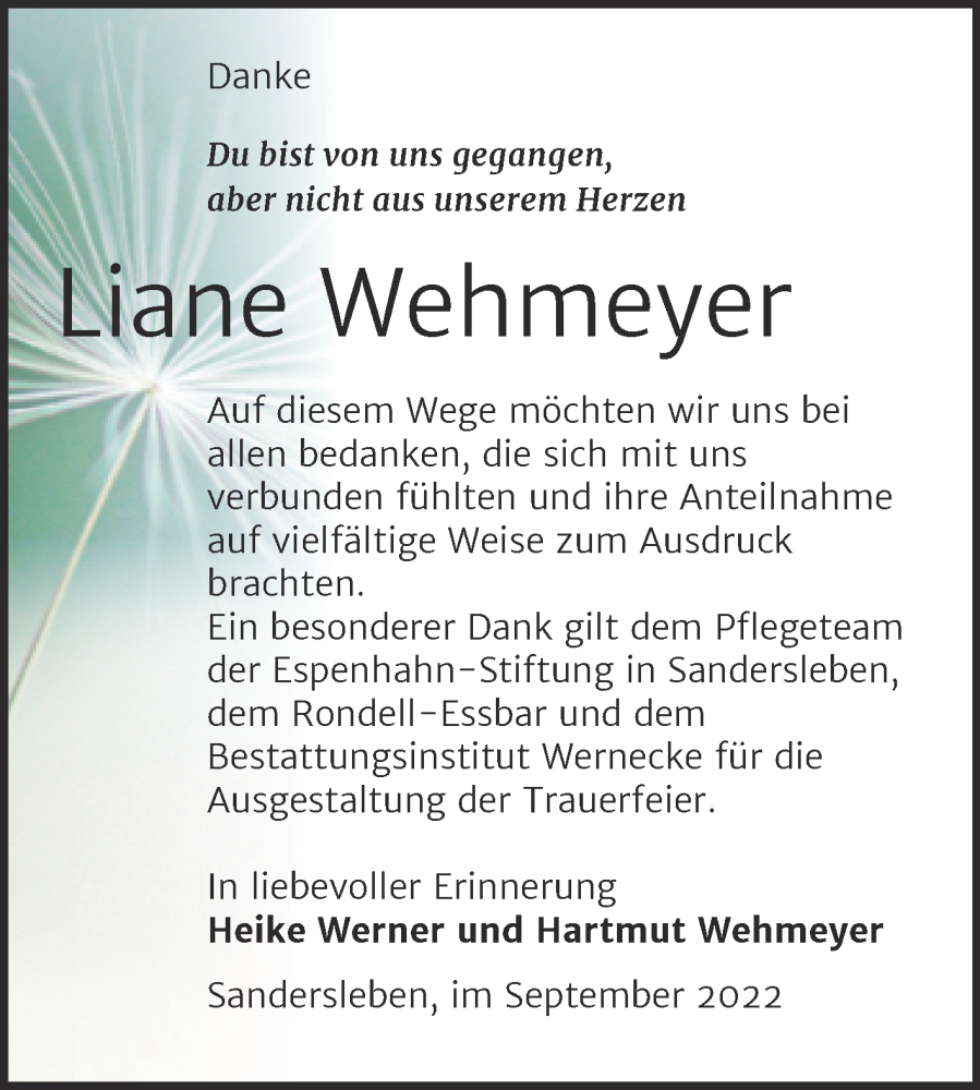  Traueranzeige für Liane Wehmeyer vom 29.09.2022 aus Trauerkombi Mansfelder Land