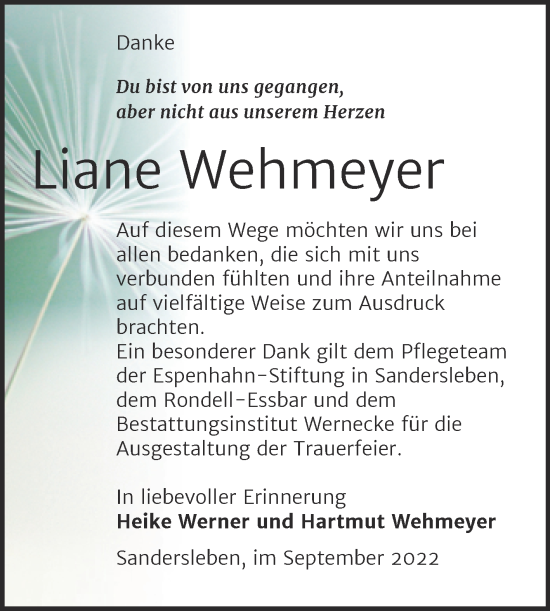 Traueranzeige von Liane Wehmeyer von Trauerkombi Mansfelder Land