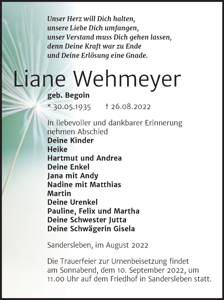  Traueranzeige für Liane Wehmeyer vom 02.09.2022 aus Trauerkombi Mansfelder Land