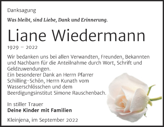 Traueranzeige von Liane Wiedermann von Wochenspiegel Naumburg/Nebra