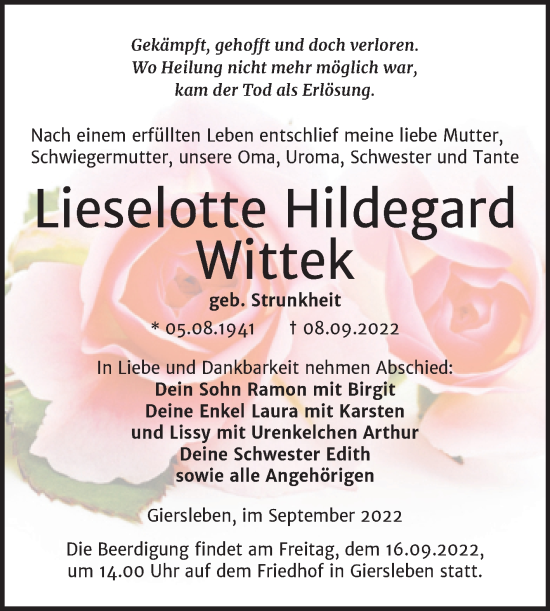 Traueranzeige von Lieselotte Hildegard Wittek von Trauerkombi Aschersleben