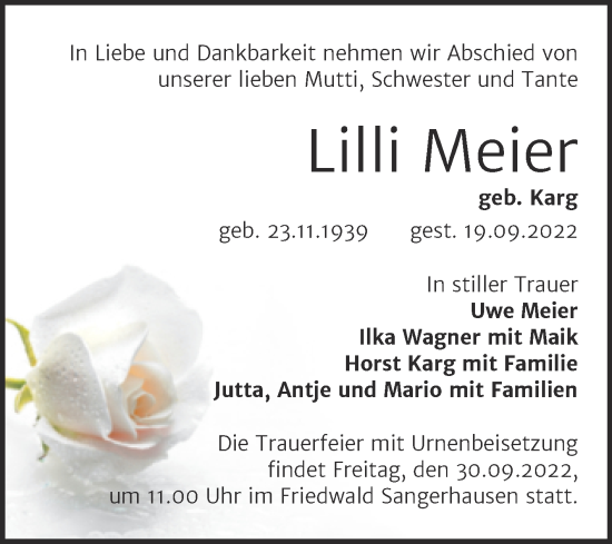 Traueranzeige von Lilli Meier von Trauerkombi Sangerhausen