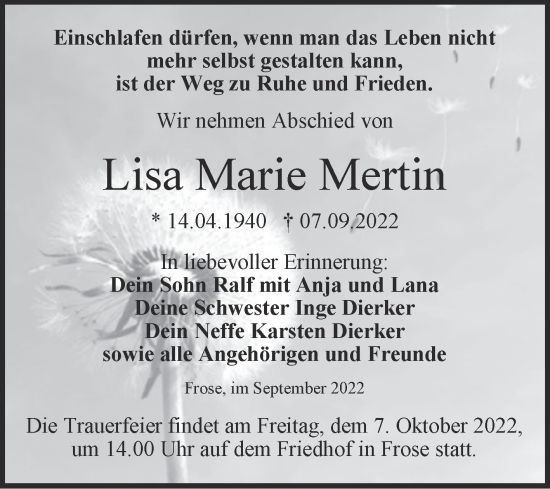 Traueranzeige von Lisa Marie Mertin von Trauerkombi Aschersleben