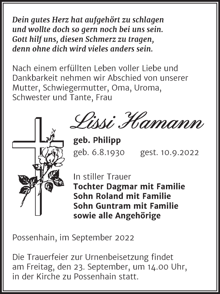  Traueranzeige für Lissi Hamann vom 21.09.2022 aus Wochenspiegel Naumburg/Nebra