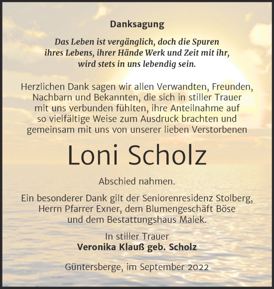 Traueranzeige von Loni Scholz von Trauerkombi Quedlinburg