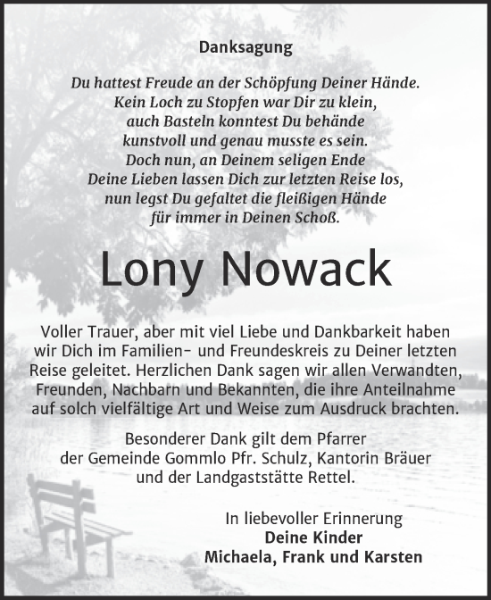 Traueranzeige von Lony Nowack von Trauerkombi Wittenberg