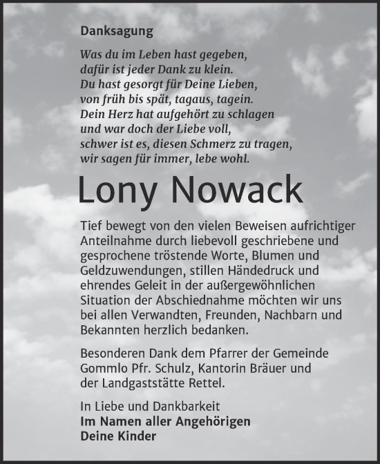 Traueranzeige von Lony Nowack von Trauerkombi Wittenberg