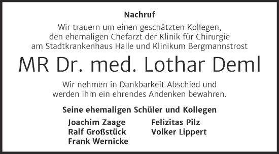 Traueranzeige von Lothar Deml von Mitteldeutsche Zeitung Halle/Saalkreis