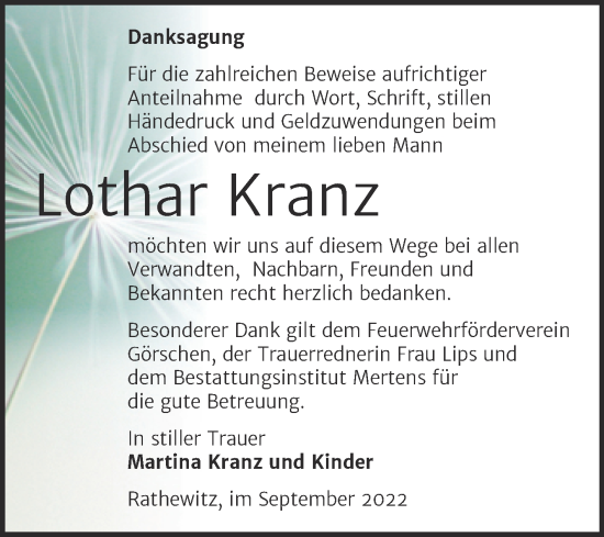 Traueranzeige von Lothar Kranz von Wochenspiegel Naumburg/Nebra