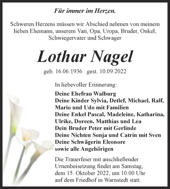 Traueranzeige von Lothar Nagel von Trauerkombi Quedlinburg
