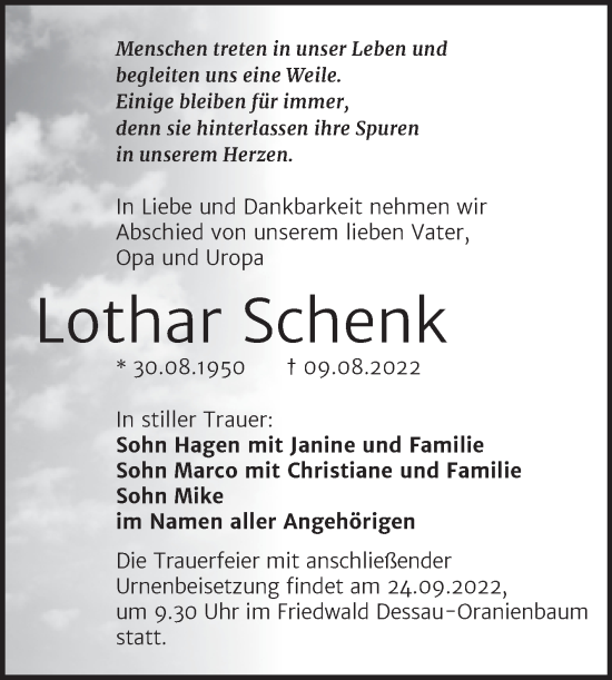 Traueranzeige von Lothar Schenk von Trauerkombi Dessau