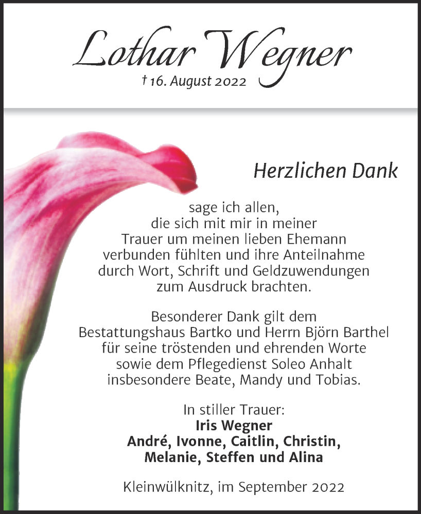  Traueranzeige für Lothar Wegner vom 09.09.2022 aus Trauerkombi Köthen