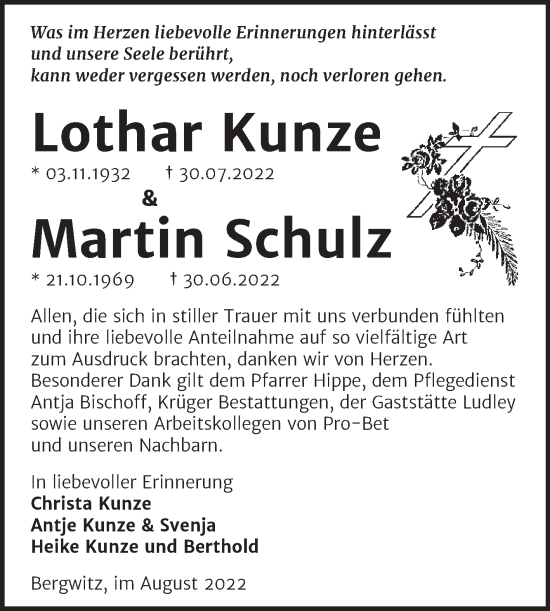 Traueranzeige von Lothar und Martin Kunze von Trauerkombi Wittenberg