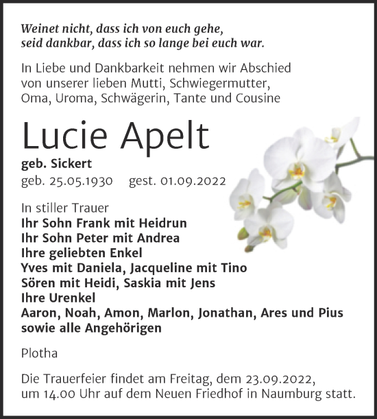 Traueranzeige von Lucie Apelt von Trauerkombi Weißenfels