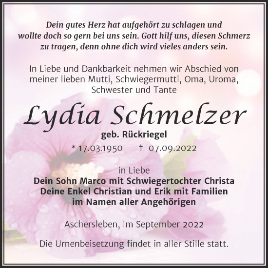 Traueranzeige von Lydia Schmelzer von Trauerkombi Aschersleben