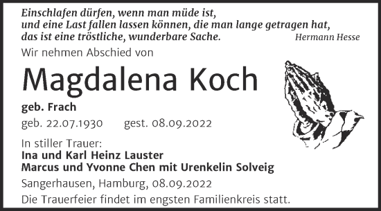 Traueranzeige von Magdalena Koch von Mitteldeutsche Zeitung Sangerhausen