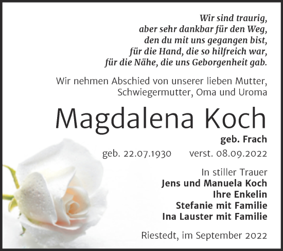 Traueranzeige von Magdalena Koch von Trauerkombi Sangerhausen