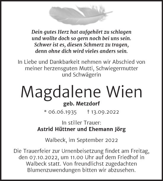 Traueranzeige von Magdalene Wien von Trauerkombi Mansfelder Land