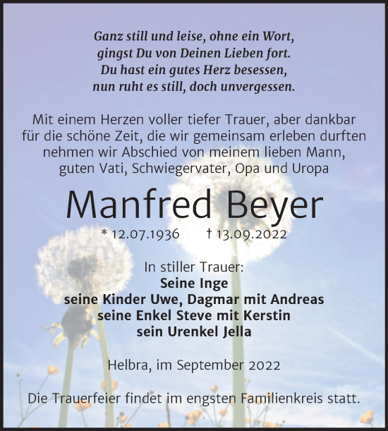 Traueranzeige von Manfred Beyer von Trauerkombi Mansfelder Land