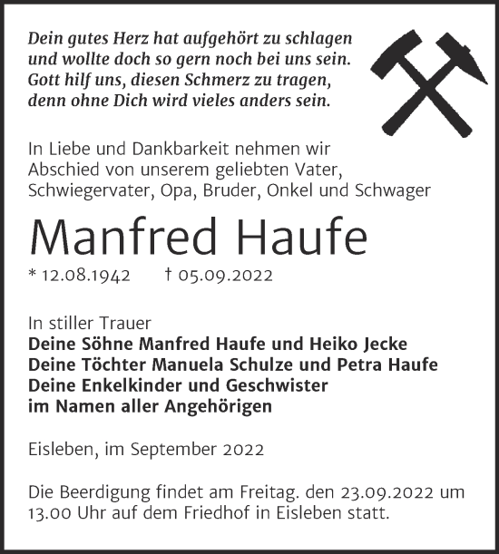 Traueranzeige von Manfred Haufe von Trauerkombi Mansfelder Land