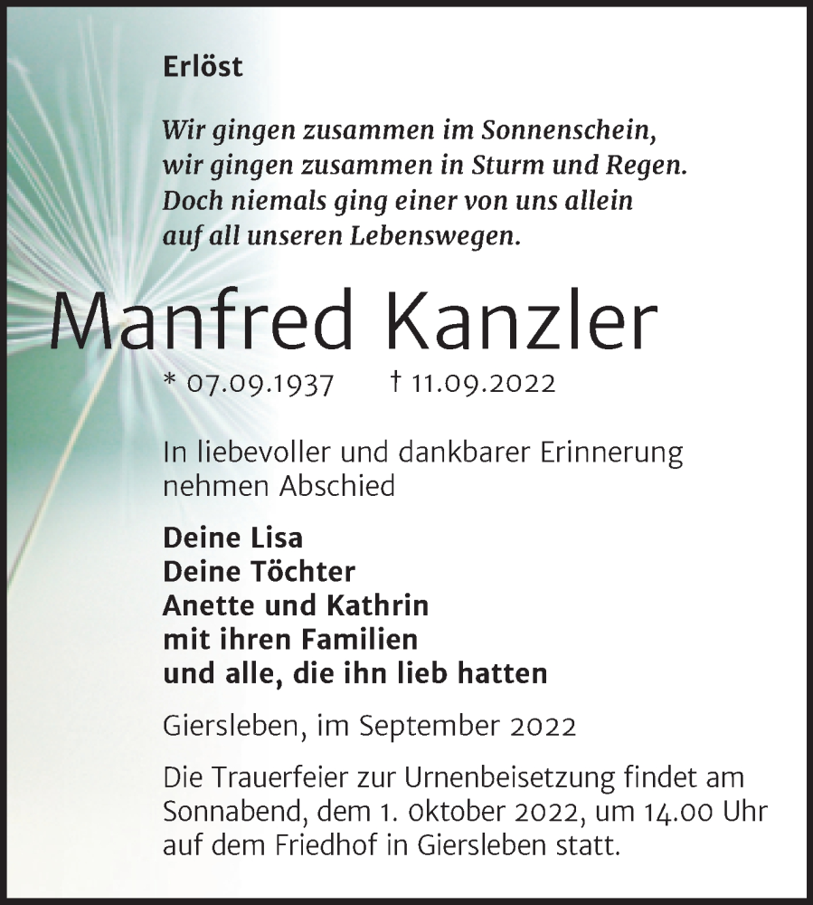  Traueranzeige für Manfred Kanzler vom 16.09.2022 aus Trauerkombi Aschersleben