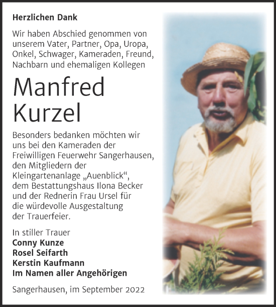 Traueranzeige von Manfred Kurzel von Trauerkombi Sangerhausen