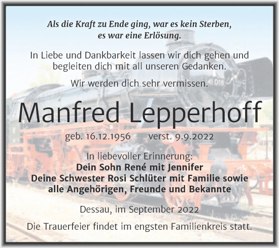 Traueranzeige von Manfred Lepperhoff von Trauerkombi Dessau