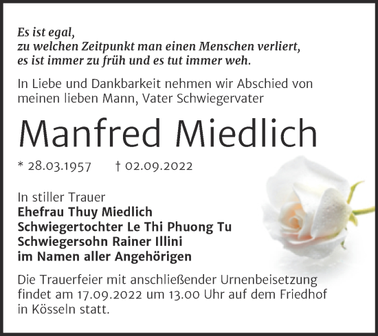 Traueranzeige von Manfred Miedlich von Mitteldeutsche Zeitung Halle/Saalkreis