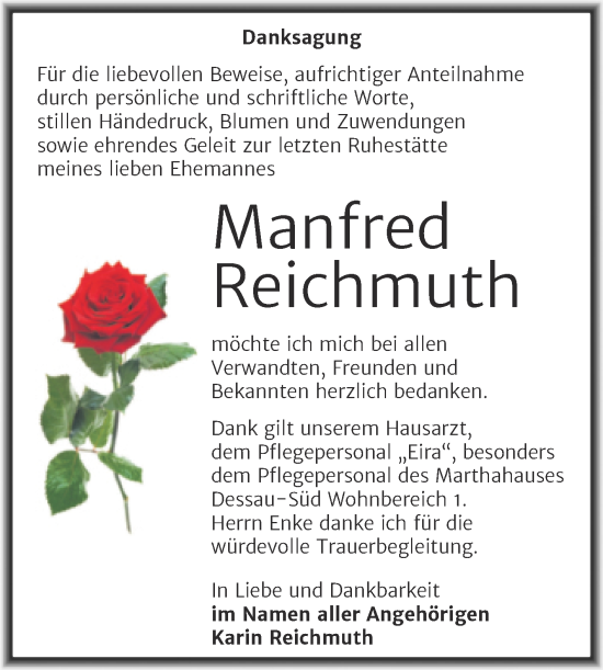 Traueranzeige von Manfred Reichmuth von Trauerkombi Dessau