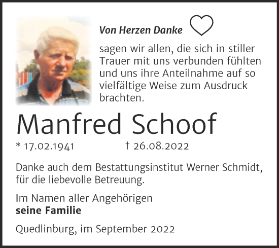 Traueranzeige von Manfred Schoof von Trauerkombi Quedlinburg