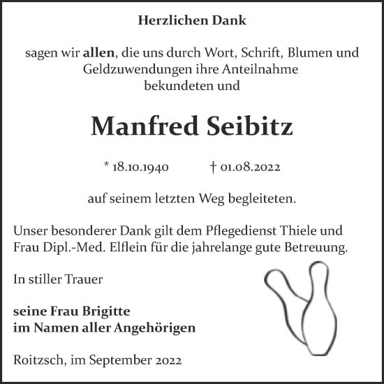 Traueranzeige von Manfred Seibitz von Trauerkombi Bitterfeld