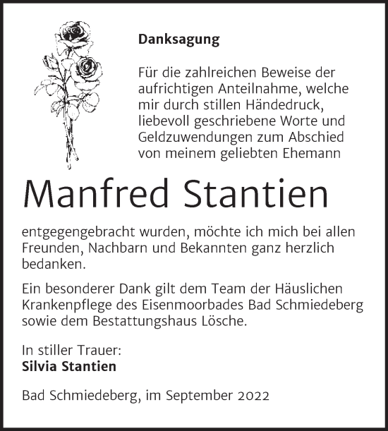 Traueranzeige von Manfred Stantien von Trauerkombi Wittenberg