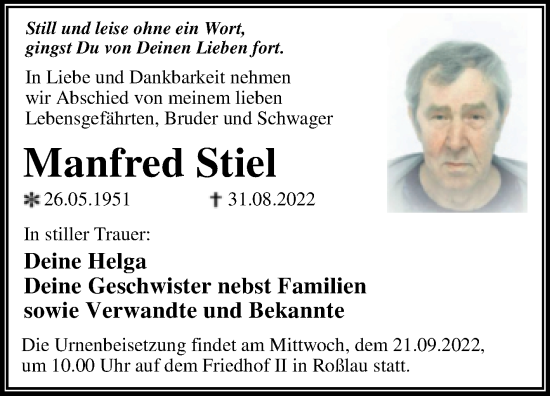 Traueranzeige von Manfred Stiel von Trauerkombi Dessau