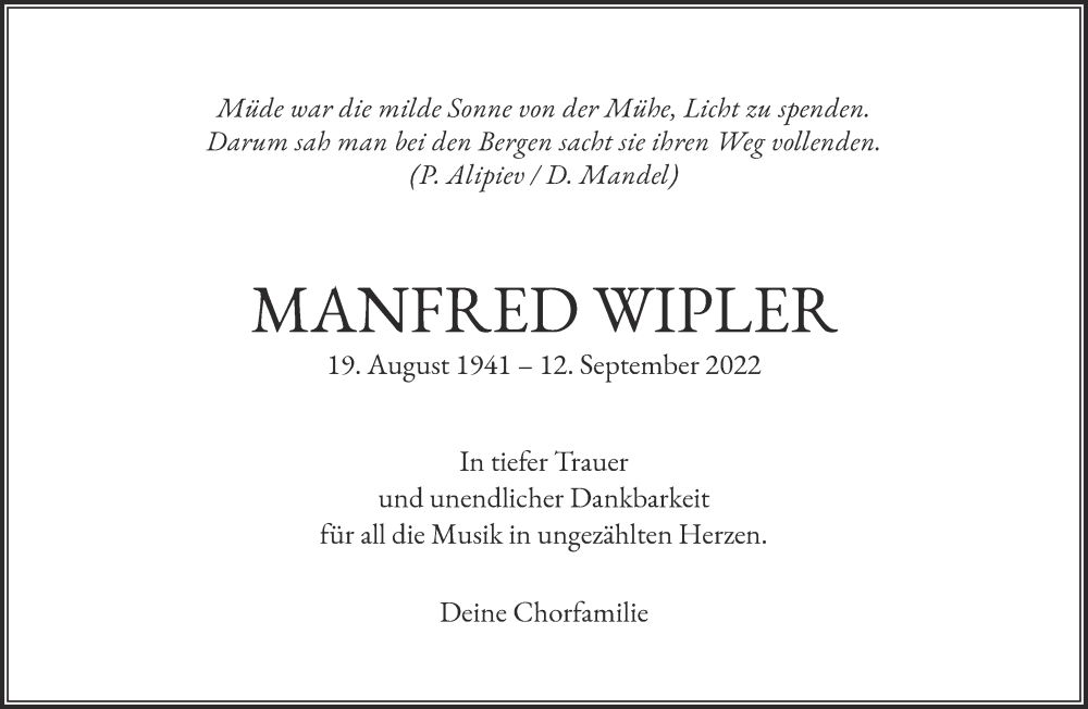  Traueranzeige für Manfred Wipler vom 24.09.2022 aus Mitteldeutsche Zeitung Halle/Saalkreis