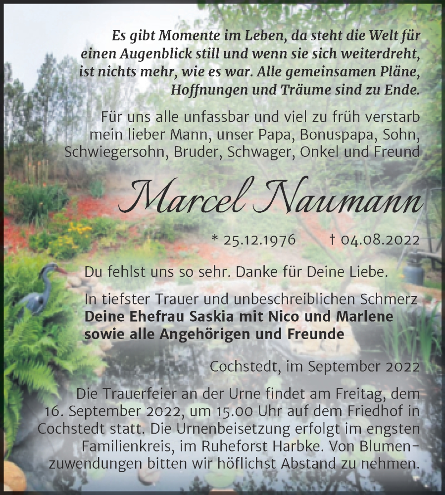  Traueranzeige für Marcel Naumann vom 10.09.2022 aus Trauerkombi Aschersleben