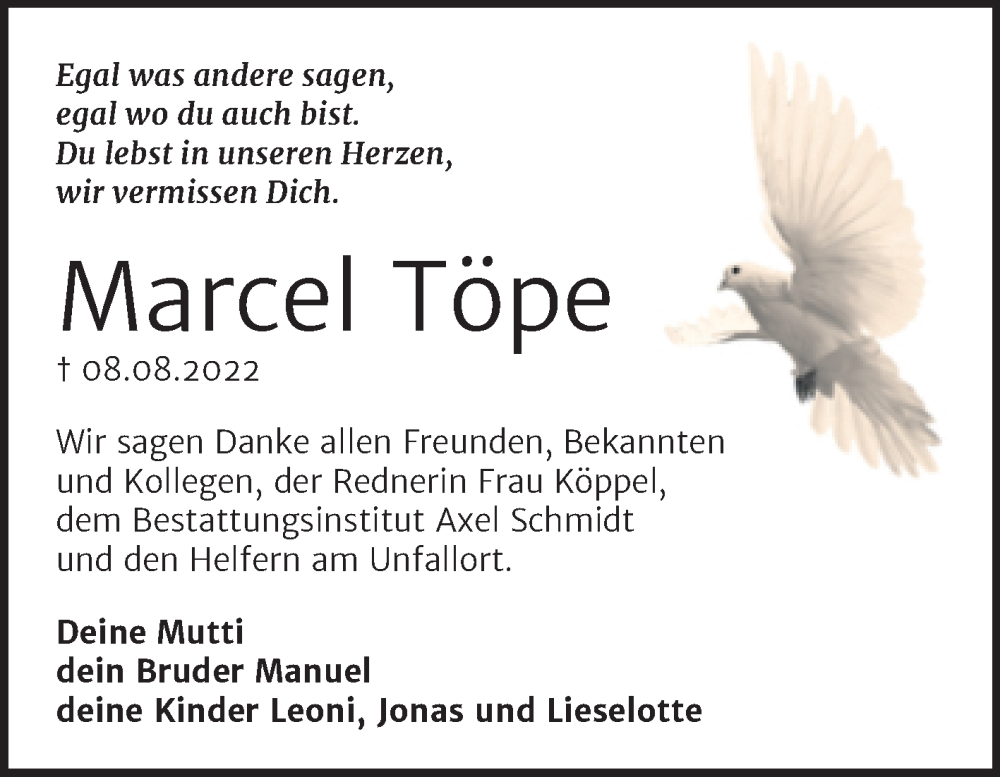  Traueranzeige für Marcel Töpe vom 21.09.2022 aus Wochenspiegel Naumburg/Nebra