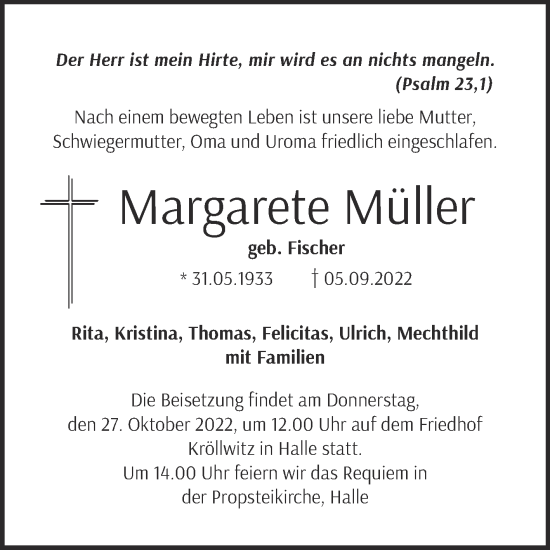 Traueranzeige von Margarete Müller von Mitteldeutsche Zeitung Halle/Saalkreis