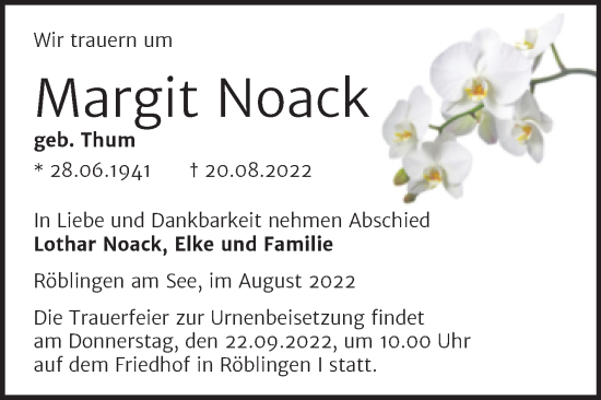 Traueranzeige von Margit Noack von Trauerkombi Mansfelder Land