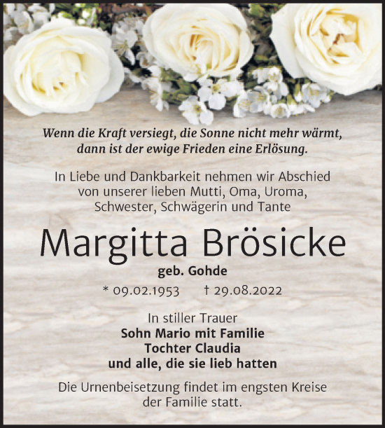 Traueranzeige von Margitta Brösicke von Trauerkombi Bernburg