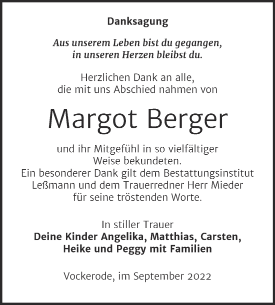 Traueranzeige von Margot Berger von Trauerkombi Wittenberg