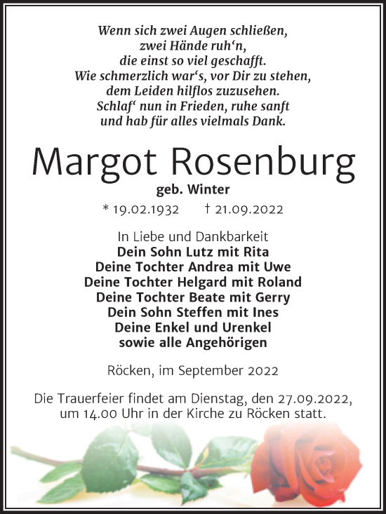 Traueranzeige von Margot Rosenburg von Mitteldeutsche Zeitung Weißenfels
