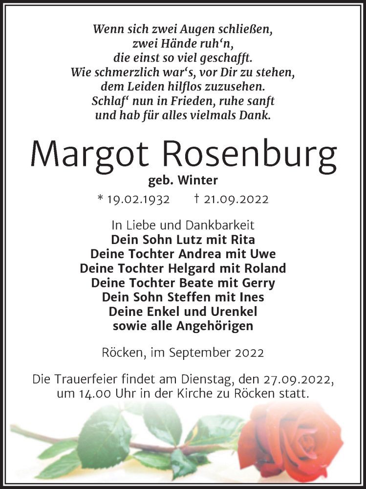  Traueranzeige für Margot Rosenburg vom 24.09.2022 aus Mitteldeutsche Zeitung Weißenfels