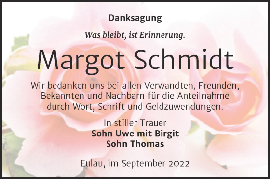 Traueranzeige von Margot Schmidt von Wochenspiegel Naumburg/Nebra